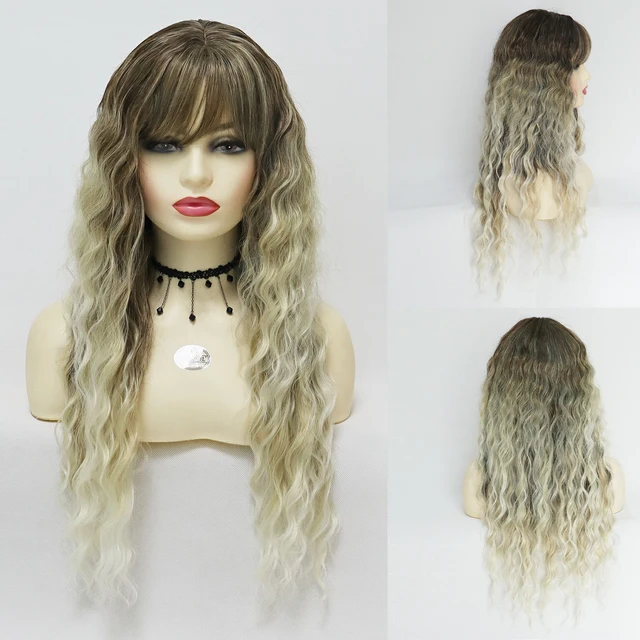 GNIMEGIL Synthetic Long Curly Wigs for Women Ombre Blonde Wig with Bangs Costume Wig for Girls Sexy Blond Wigs with Dark Roots 809-1
