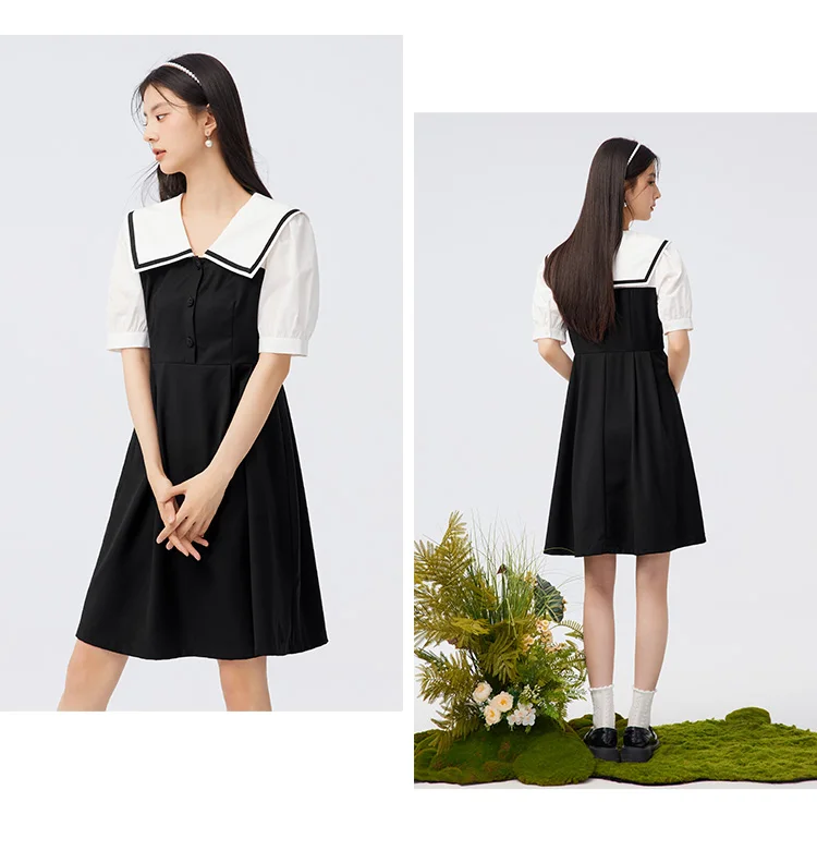 Dress Lapel College Style Short Skirt Playful Sweet Autumn Easy-to-Care Patchwork Little Black Dress
