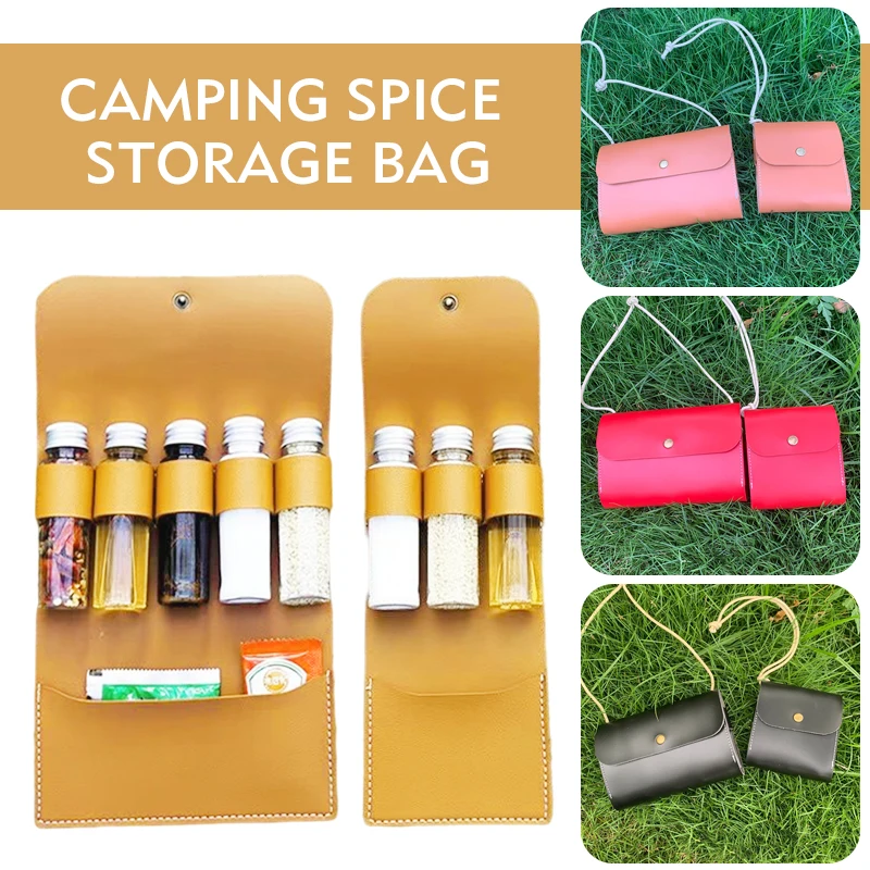 

Waterproof PU Leather Outdoor Camping Spice Bottles Kit Portable Spice Bag with Separate Bottling Travel Seasoning Jar Organizer