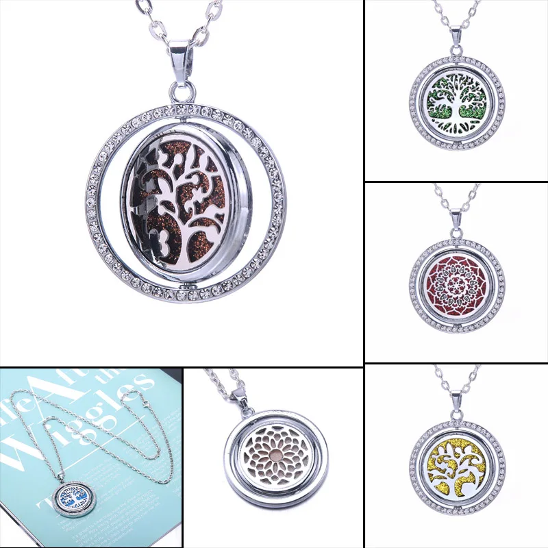 10Pcs/Lot Mix Fashion Rhinestone Rotate Essential Oil Diffuser Necklace Locket Pendant Aromatherapy Jewelry Gift Wholesale 2022