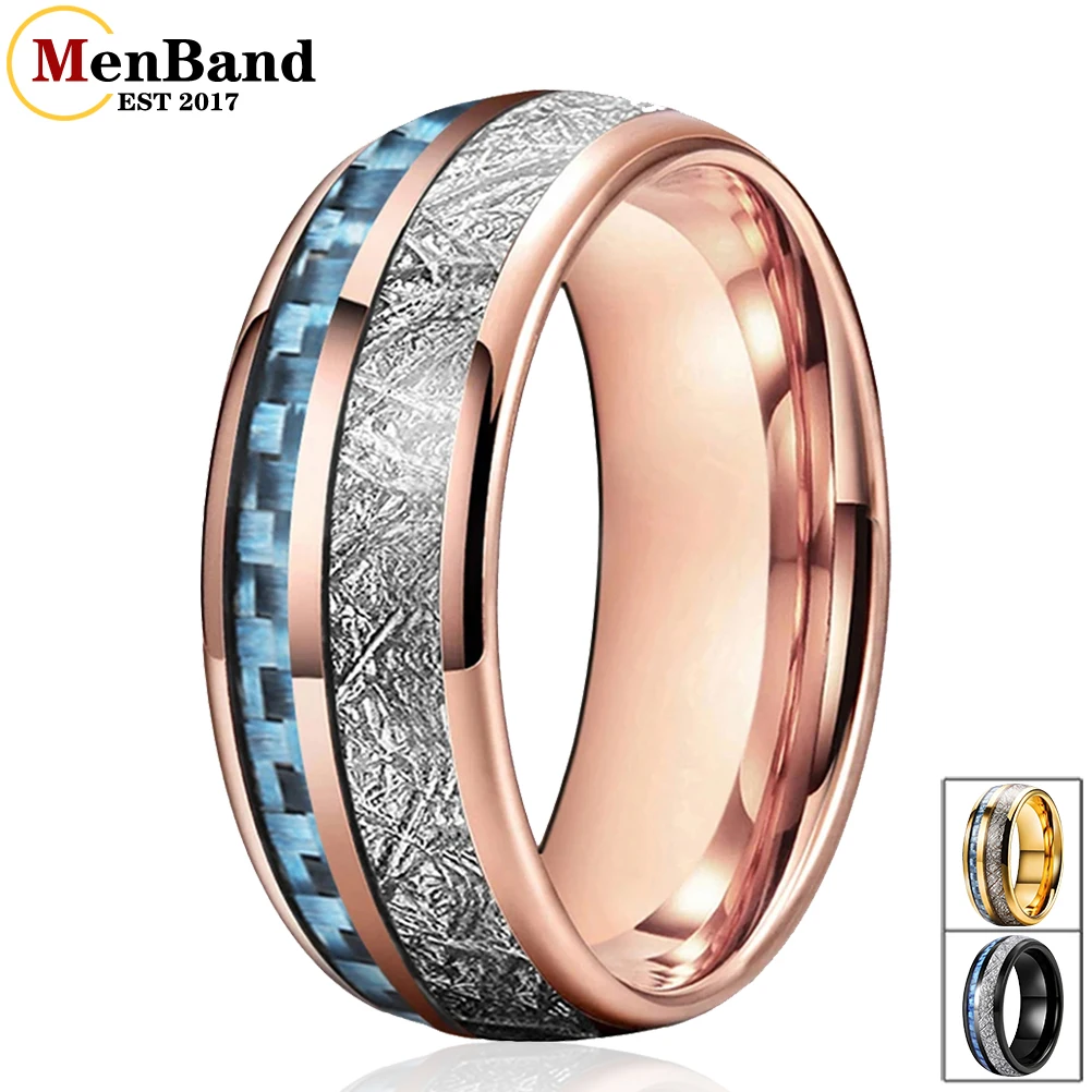 MenBand Fashion 8MM Tungsten Carbide Rings for Men Women Wedding Band With Blue Carbon Fiber And Bright Meteorite Inlay Comfort