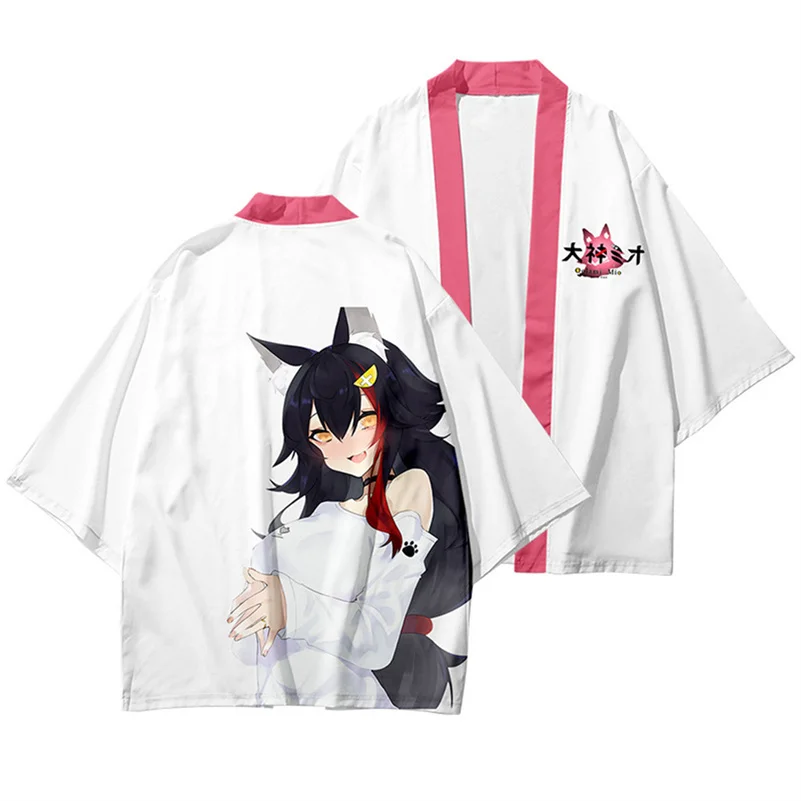 Hololive VTuber Ookami Mio Yukata Men Women Cardigan Loose Blouse Haori Obi Asian Clothes Harajuku Japanese Kimono Shirt