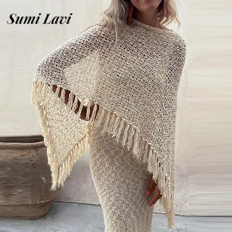 

Summer Bat Sleeve Hollow Out Irregular Beach Pullover Casual Solid Color Loose Knit Cape Shawl 2024 Women Tassel Sunscreen Shirt