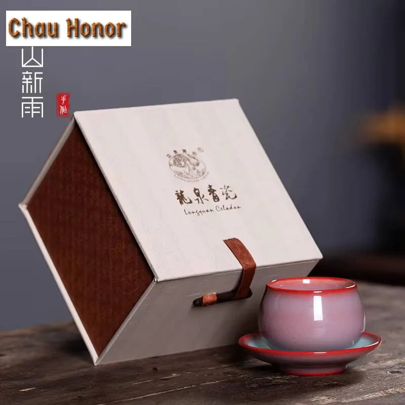 100ml Handmade Longquan Celadon Teacup Boutique Red Glaze Master Cup Top Grade Personal Tea Bowl Jianzhan Tea Services Ornaments