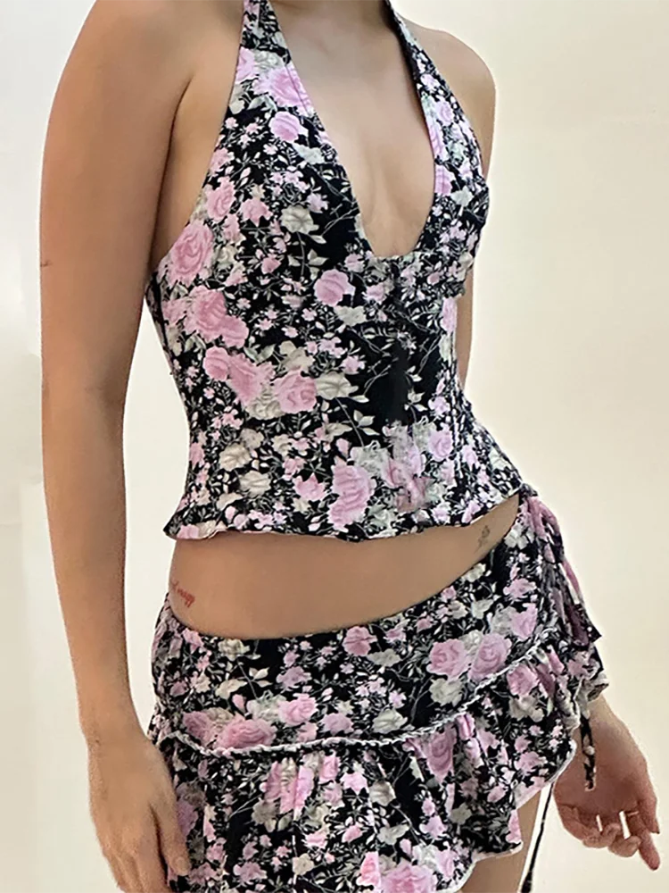 Absobe Floral Halter Tank Top A-Line Ruffles Mini Skirt Set Women Open Back Vest Short Skirt Slim Y2K Outfit Hottie Streetwear
