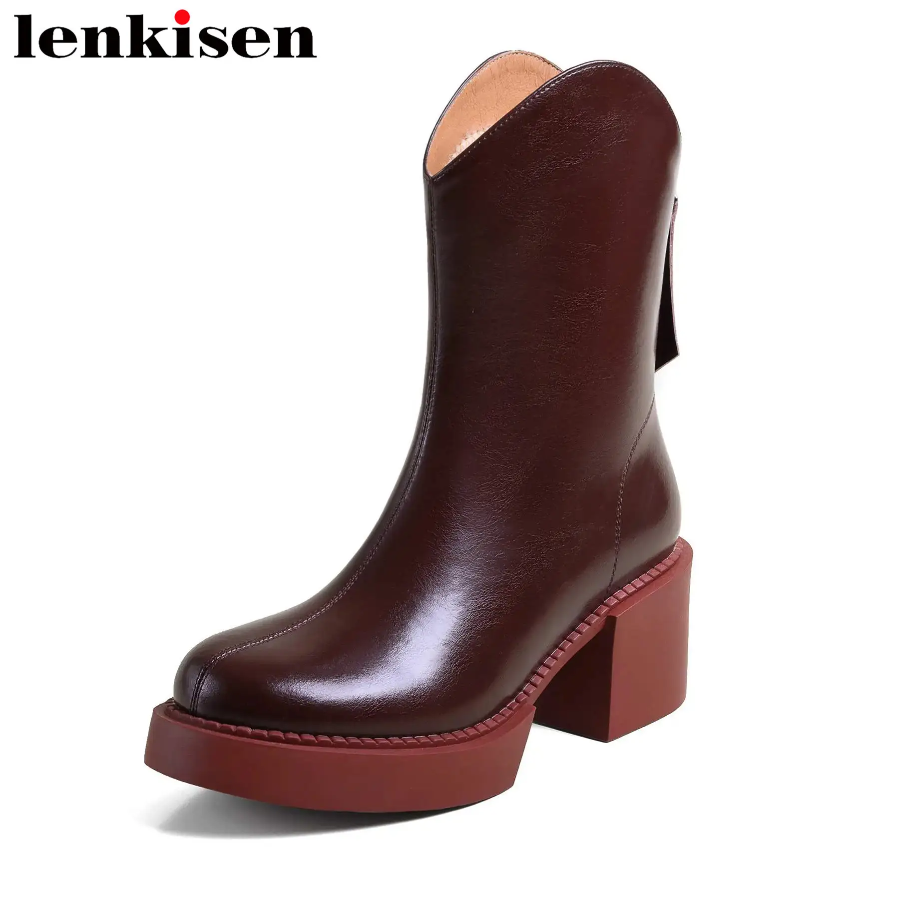 

Lenkisen 2024 Keep Warm Cow Leather Round Toe Thick High Heels Snow Boots Fur Platform Solid Vintage Concise Zipper Ankle Boots