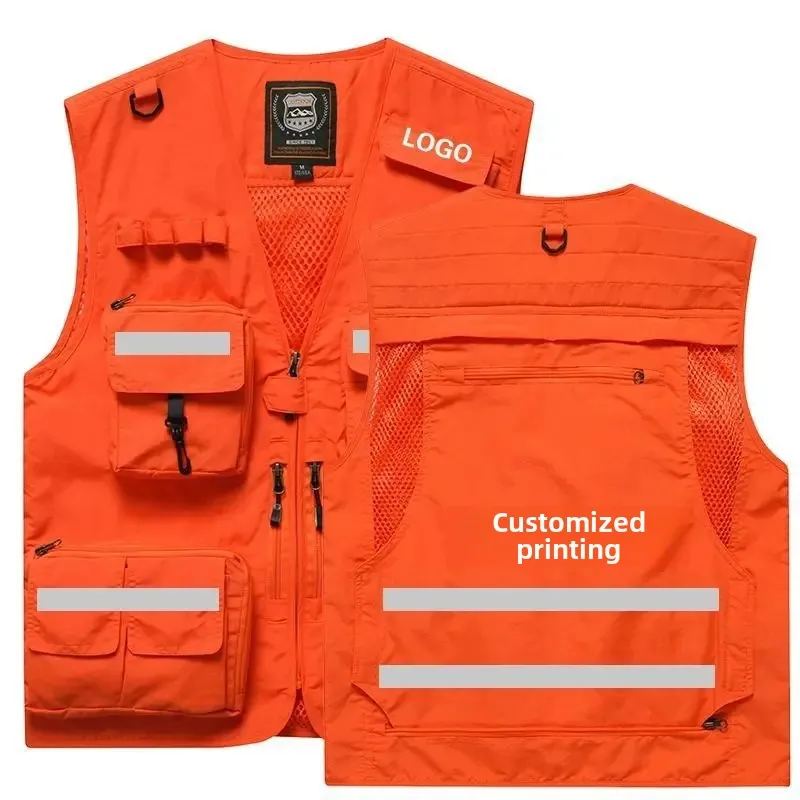 Gilet été grande taille multi-poches personnalisable - Veste unisext randonnée escalade pêche - Logo imprimé