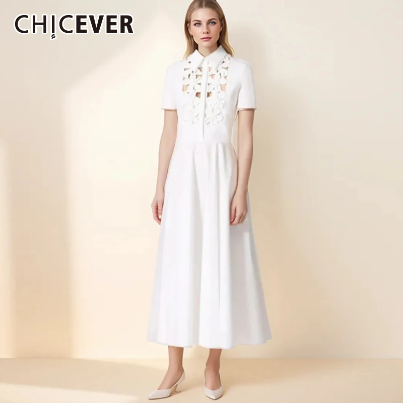 

CHICEVER Hollow Out Solid Dresses For Women Lapel Short Sleeve Single Breasted High Waist Spliced Appliques Long Dress Female