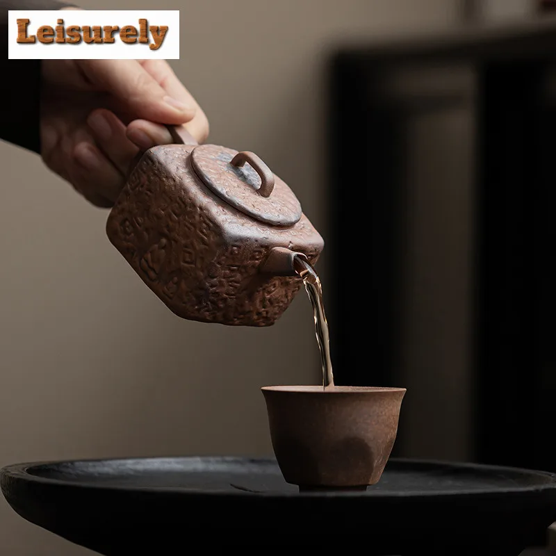 130ml Retro Rough Pottery Square Teapot Ancient Tea Infuser Pot Tea Brewing Kettle with Ball Hole White Tea Tea Services Craft