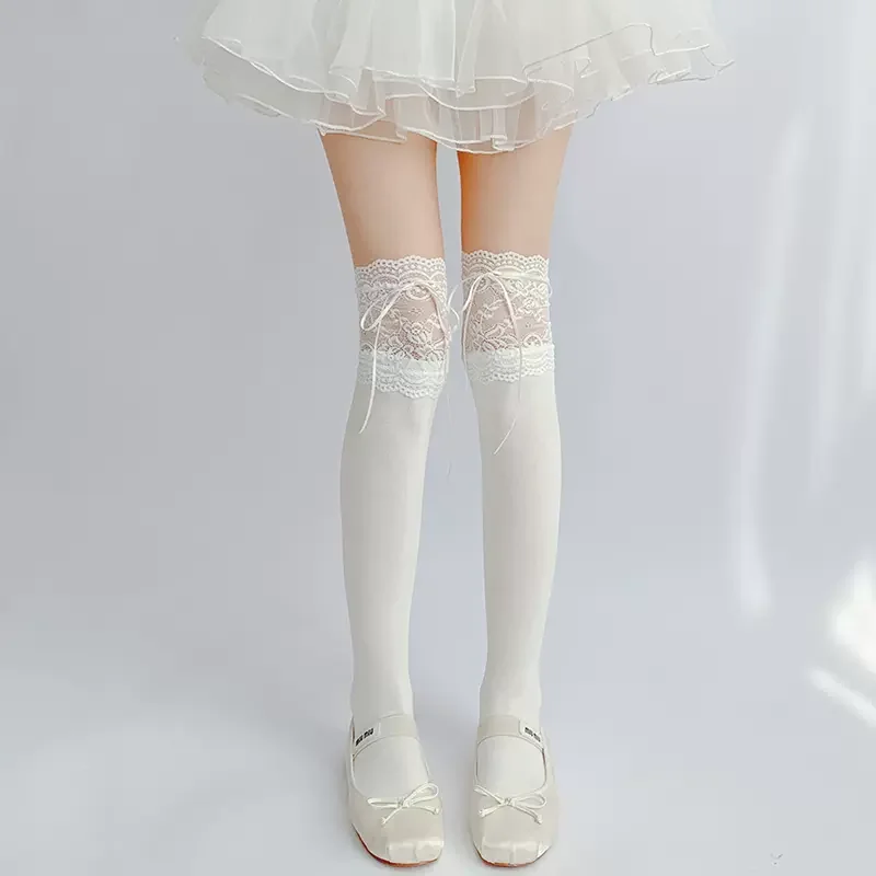 Sweet Girls Long Socks Stockings Women Ribbon Bow Knee High Socks Thigh High Stockings Sexy Lace Lolita Kawaii Thigh High Socks