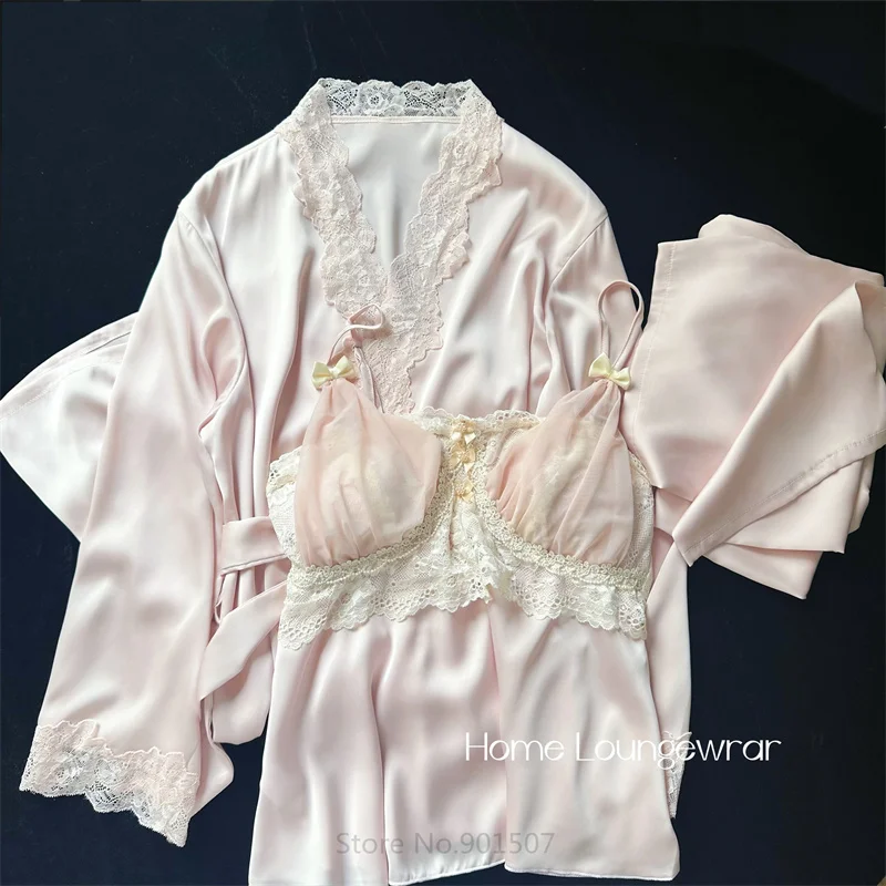 

Pink Lace Trim Sleepwear Elegant 3Pcs Loungewear Bathrobe&cami&pants Rayon Home Clothes Princess Style Lingerie Nightwear
