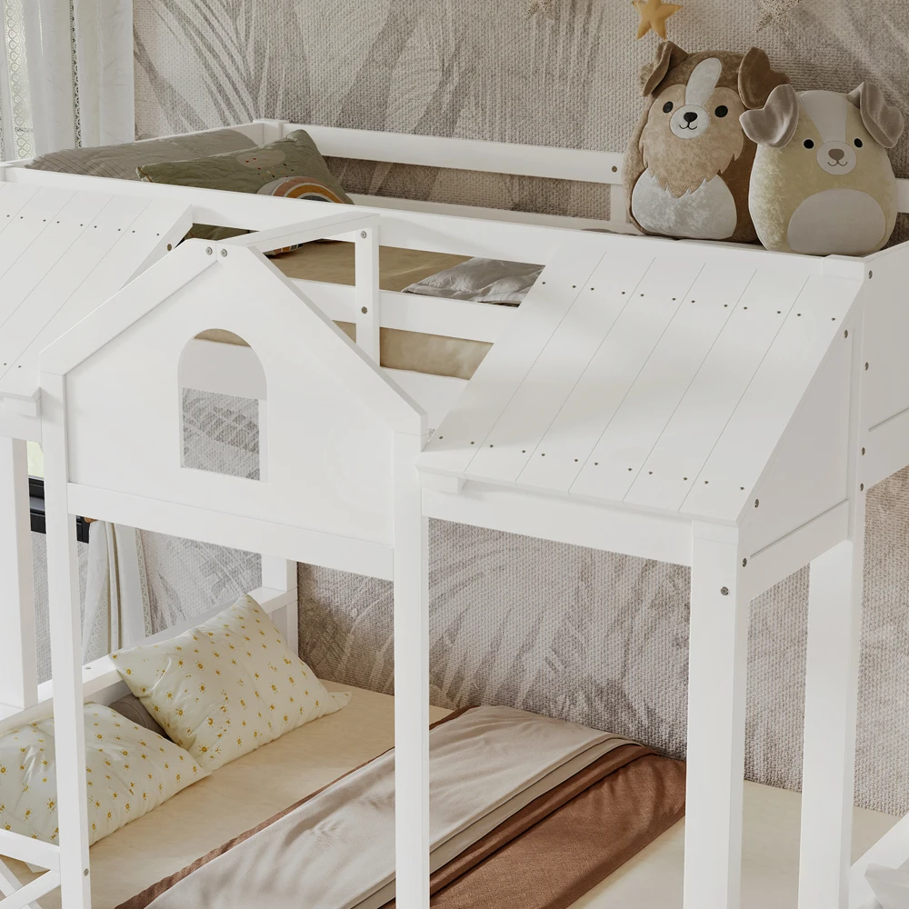 90 x 200 cm und 140 x 200 cm großes Etagenbett, zwei Schubladen mit Rollen, Bett mit Fenster und Dach, Treppenschrank mit 4 Ablagefächern – Detail 27
