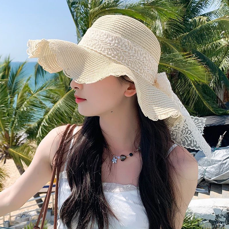 여성용 빨대 모자, 용수철 여름 레이스 활, 통기성 접이식 햇빛가리개 캡, 비치 캡, 달콤한 어부 모자, 1 개