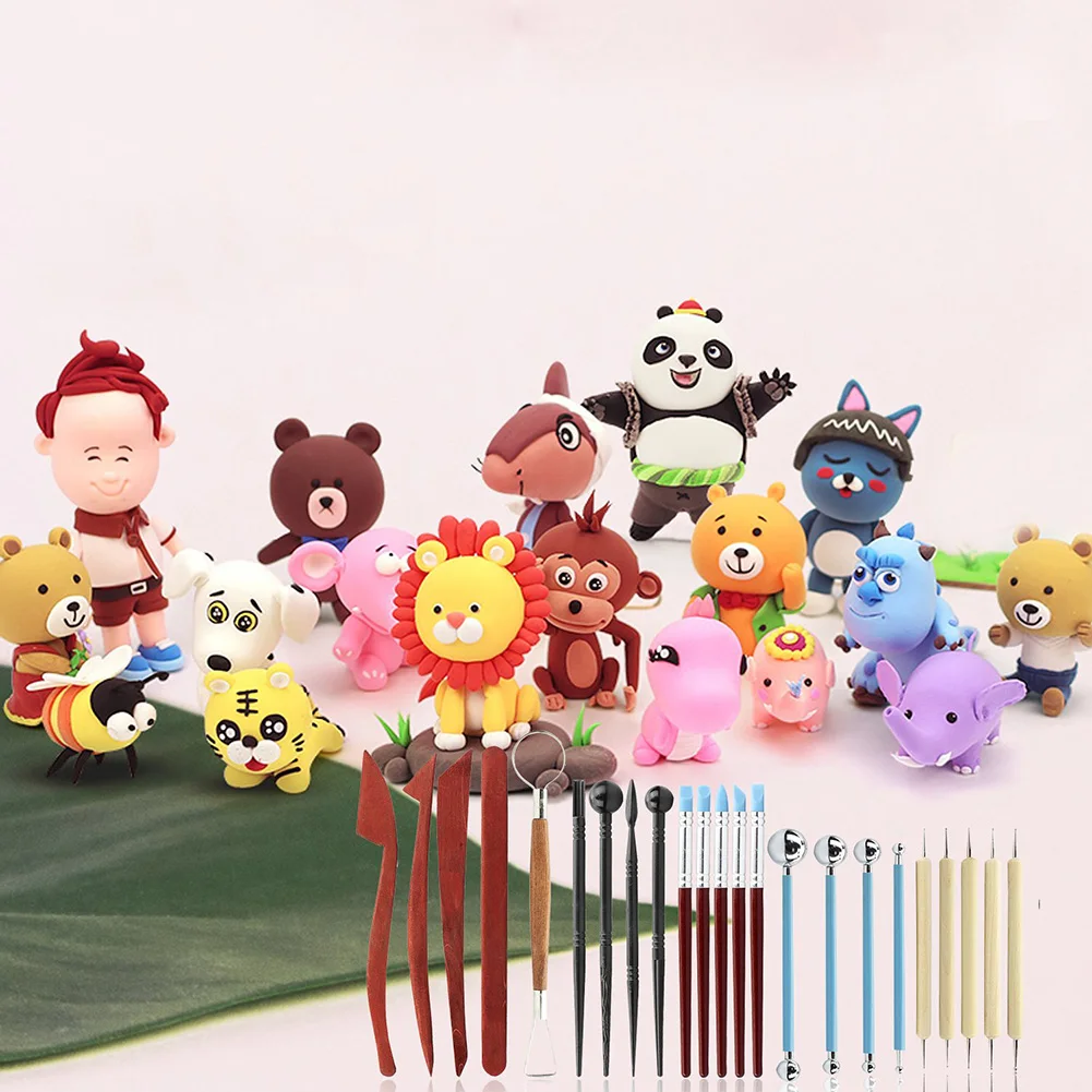 23PCS Wooden sculpture clay tools with Rubber handle ball stylus