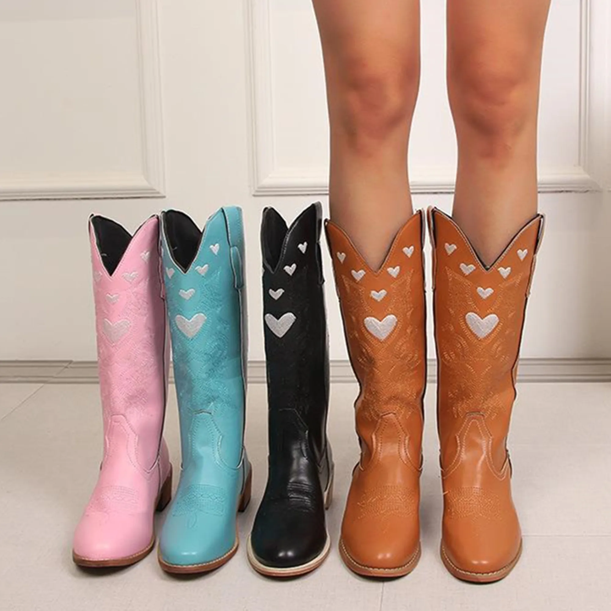 

【ENMAYER】NewFashion Colorful Love Heart Colorful Ridding Western Boots For Women Cowgirl Cowboy Chunky Heel Women Mid Calf Boots