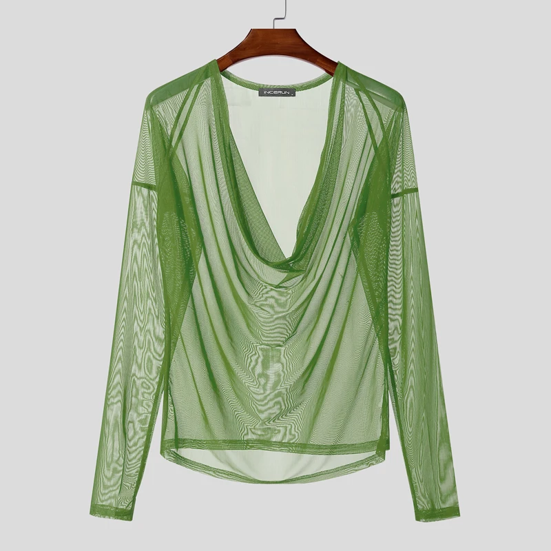INCERUN Männer T Shirt Mesh Sehen Durch Sexy Langarm Casual Männlichen T Tops Party Nachtclub Streetwear Fashion Männer Kleidung S-5XL – Detail 10