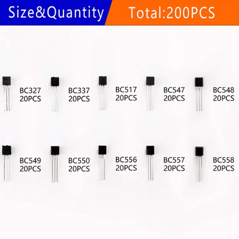 BJT Transistor 200PCS TO-92 Series Set 20pcs of 10 sizes BC327 BC337 BC517 BC547 BC548 BC549 BC550 BC556 BC557 BC558