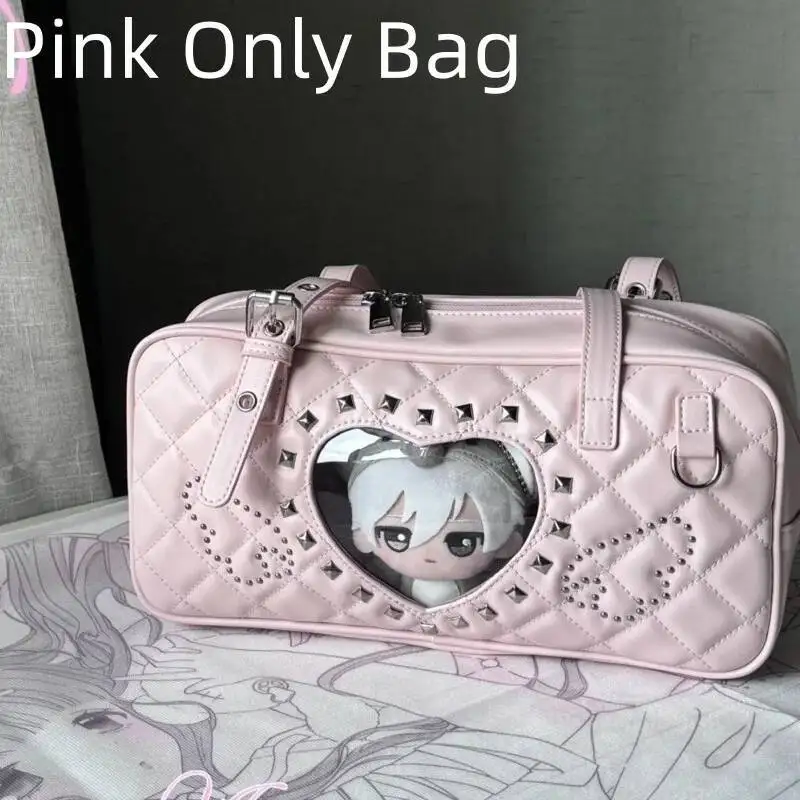 Pink Transparent Pocket Japanese Itabag Rivet Design Lolita Shoulder Bag PU Leather Harajuku Pain Bags Y2k Sweet Handbags Girls