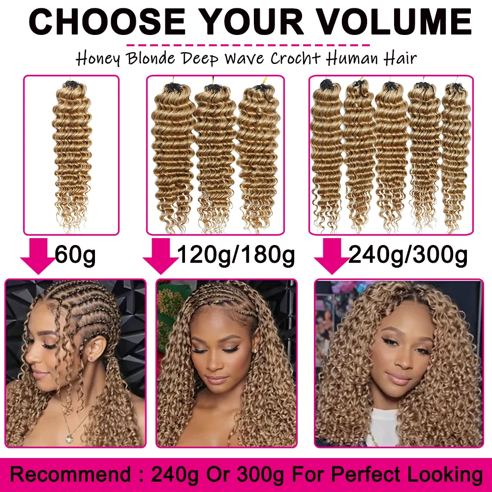 # 27 Ciocche di Capelli Umani Ricci a Onda Profonda Biondo Miele con Nodi Miracolosi per Trecce Boho, Extension per Capelli all'Uncinetto 100% Umani - immagine 6