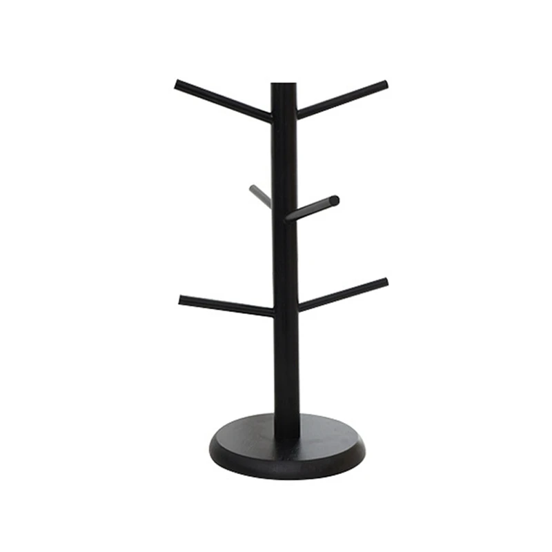 VEHO-Bamboo Coffee Cup Holder With 6 Hooks, Thickened Base Black Mug Tree, Counter Storage Rack