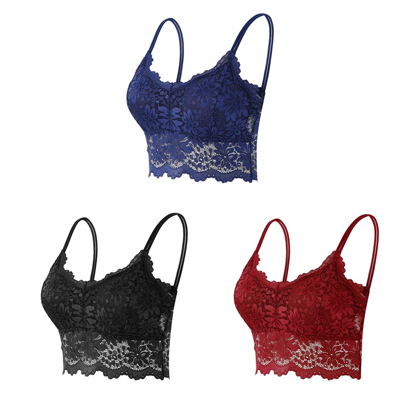 3PCS Women Lace Bras Top Comfortable Bralette Solid Color Sexy Underwear Vest Female Hollow Out Wireless Lingerie Seamless Bra