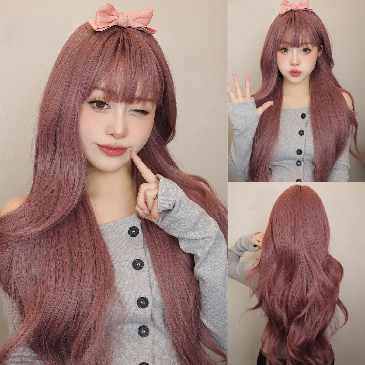 

Long Ombre Dusty Purple Body Wavy Synthetic Wigs with Bangs Natural Daily Use Party Cosplay Hair Wig for Women Heat Resistant