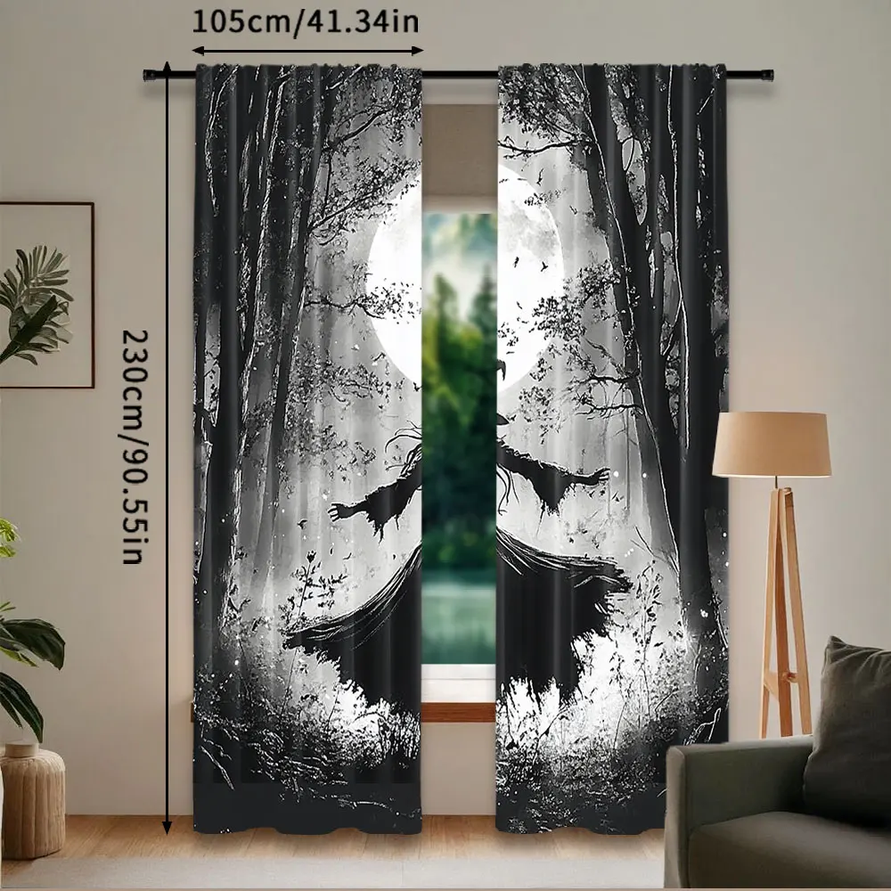 2Pcs Halloween Forest Curtain Horrible Foggy Full Moon Witch Silhouette Gothic Halloween Night Scene Bedroom Bathroom Decor 4