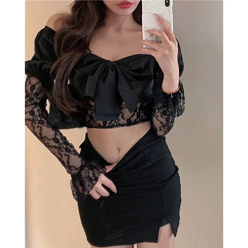 

Новинка, сексуальные женские облегающие кружевные футболки с бантом и открытыми плечами, длинными рукавами-фонариками, в уличном стиле, Размеры S M L