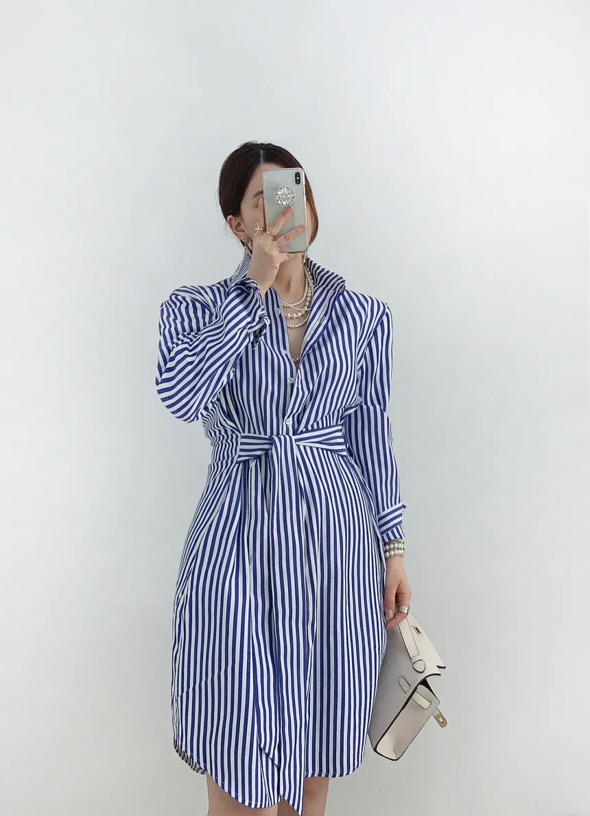 

WTIANYUW Korean Ladies Casual Blue Striped Long Shirt Dress Dresses With Belt Length Sleeve Style Sleeve Length Office Dress