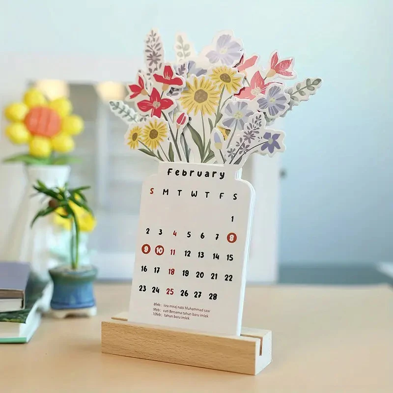 【Nice】2026 Bloomy Flowers 데스크 캘린더 미니 캘린더 스탠딩 데스크 캘린더 꽃병 모양의 데스크탑 월간 플래너 홈 스쿨용
