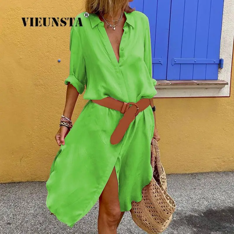 

Autumn Fashion Lapel High Street Holiday Dress Elegant Casual Loose Boho Shirt Dress Women Solid Lace-Up Slit Midi Dress Vestido