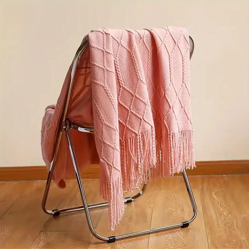 Nordic Knitted Tassels Fringe Pink Blankets Lightweight Throw Solid Blanket Cozy Farmhouse All Season Comfort For Wedding Gift 2