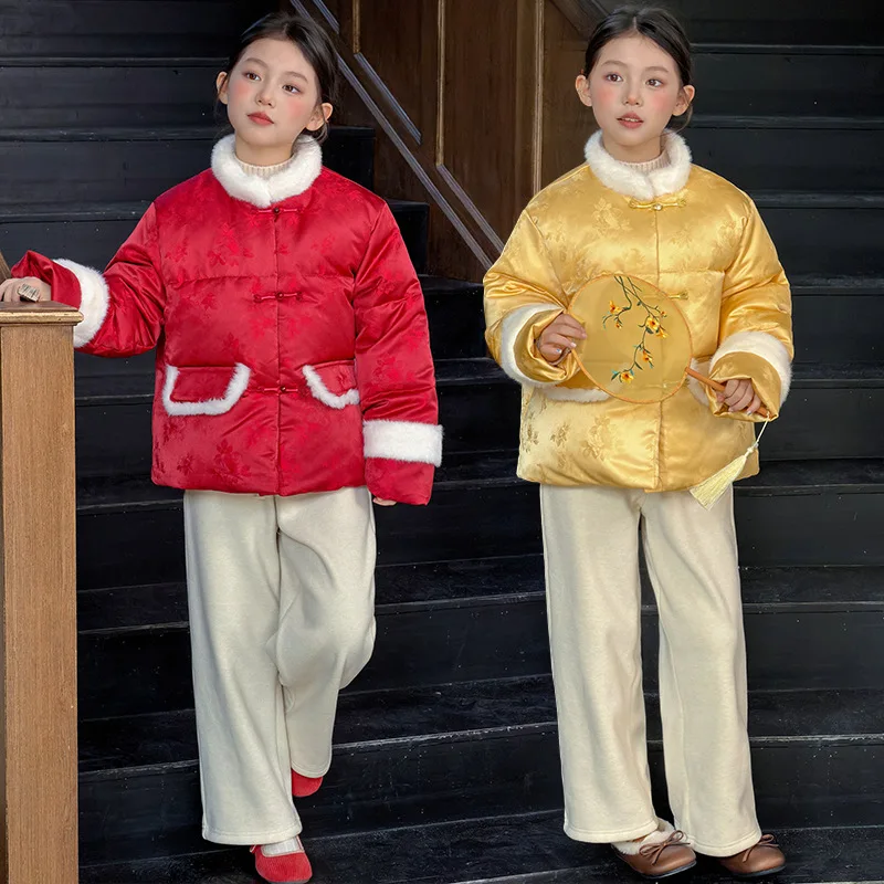 여아용 중국식 면 패딩 재킷, 개구리 단추와 꽃무늬 자수가 있는 두꺼운 중국 겨울 코트(7-14세 청소년용)