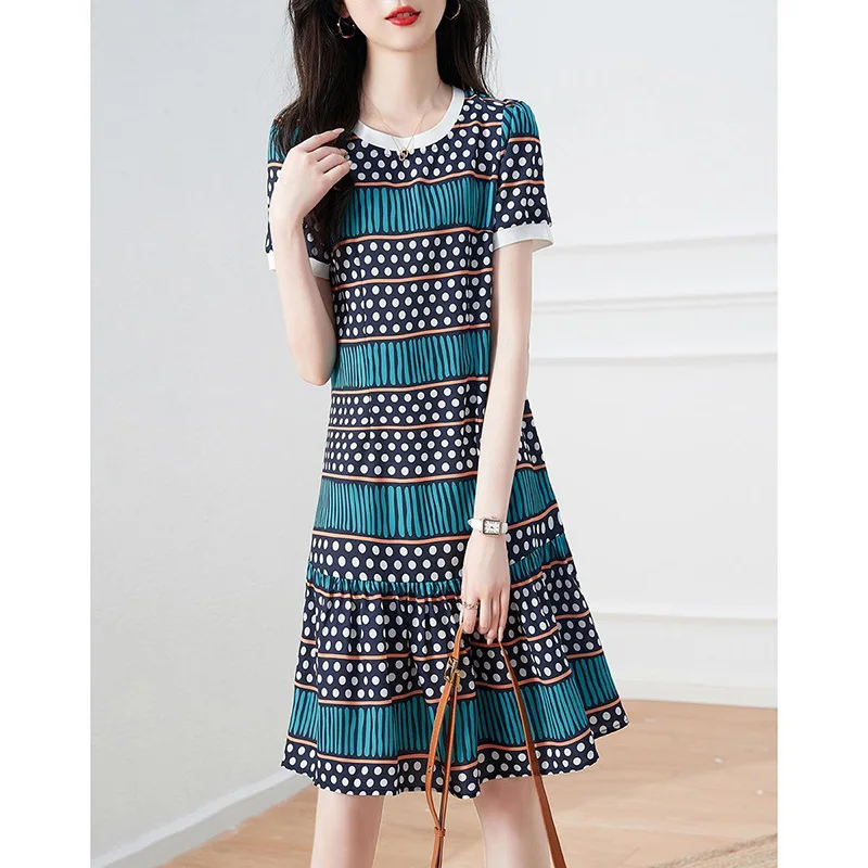 Fashion O-Neck Printed Spliced Loose Casual Mini Dress Women's Clothing 2023 Summer New Short Sleeve Office Lady Floral Dress