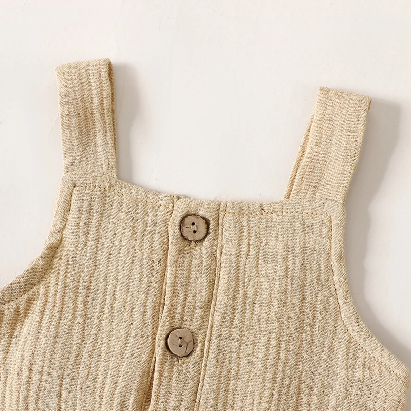 

Toddler Baby Girl Boy Cotton Linen Romper Solid Color Suspender Overalls Pocket Buttons Sleeveless Jumpsuit