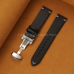 Men's Premium Oil Wax Leather Watch Band with Butterfly Buckle & Quick Release - 22mm (Black)