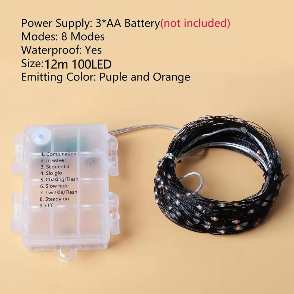 12M Halloween String Lights 100LED DIY Halloween Fairy Lights Battery Powered Purple Orange Color LED String Lights Garden Decor