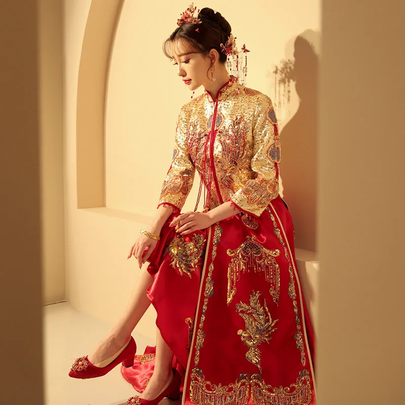 

Bride Vintage Phoenix Embroidery Qipao Chinese Traditional Wedding Cheongsam Sparkly Exquisite Sequins Dress китайская одежда