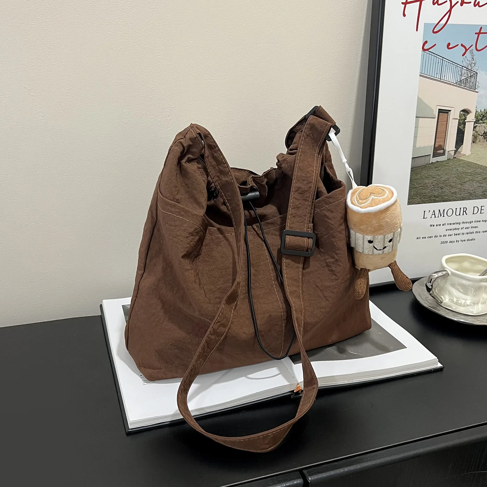 Washed Fabric Pleats Bucket Bag, Made Waterproof Nylon Drawstring Fold Cross Body Bags, Casual Versatile Shoulder Messenger Bag