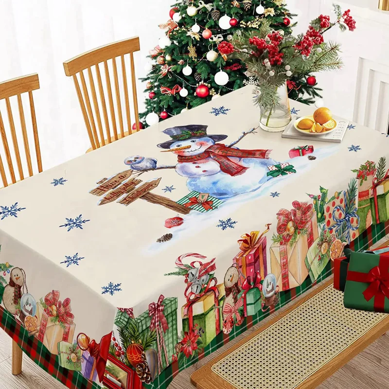 

Christmas Snowman Gift Box Decorative Tablecloth, Waterproof Coffee Table Cover for Dinner Kitchen Party Festive Decor