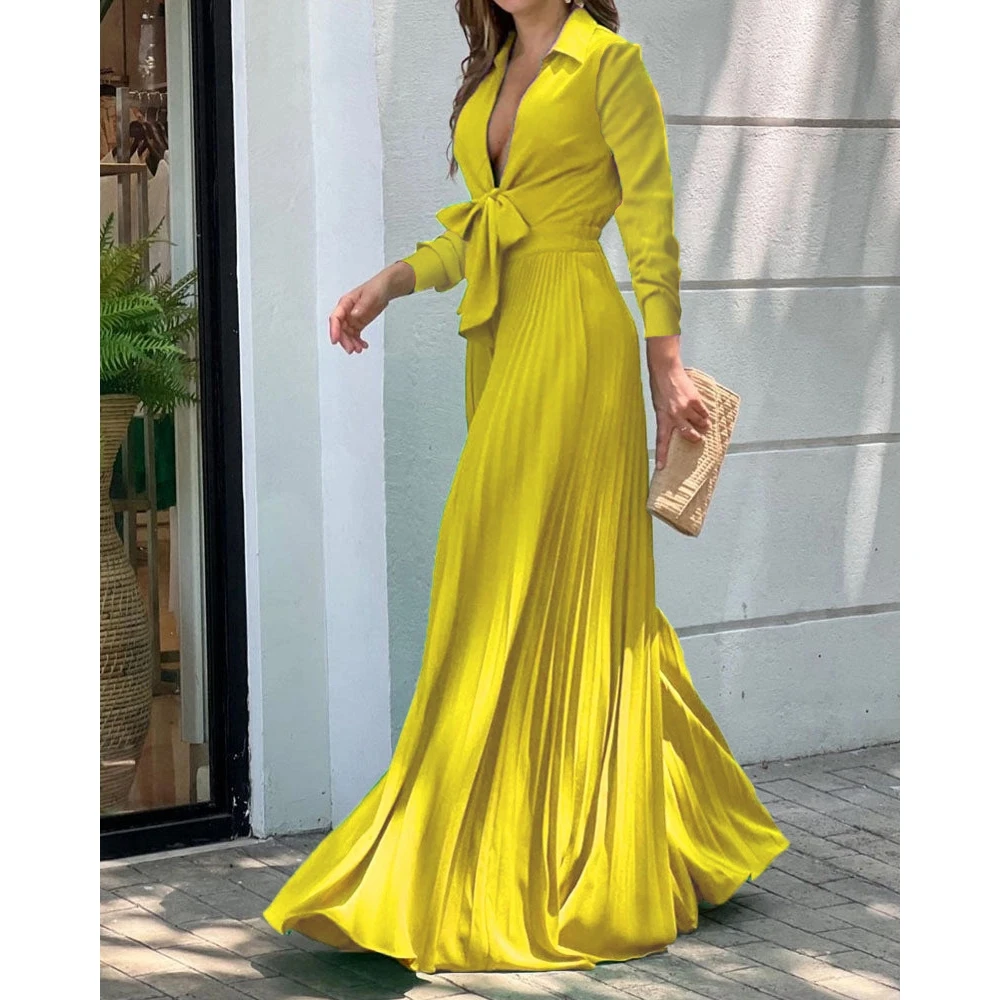 2023 Women Sexy Plunge V-Neck Wide Leg Jumpsuit Long Sleeve Pleated Jumpsuit Autumn Solid Office Lady Bow Design Elegant Clothin women winter graceful blazer suit pants set office lady business work formal elegant coat jacket double breasted pleated design