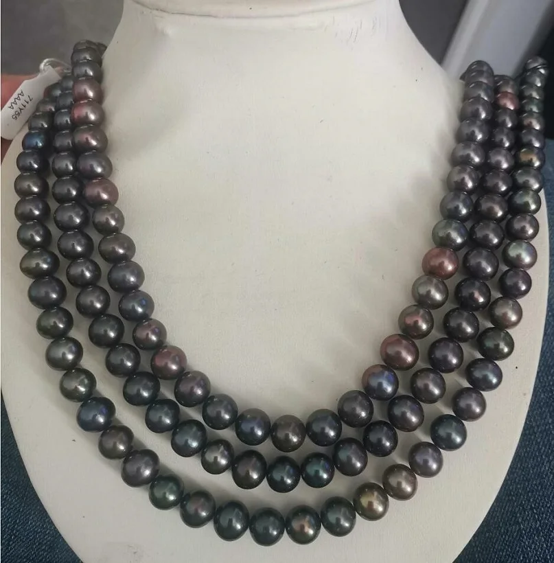 

Three-Strand AAAA LUSTER 10-11mm REAL natural Tahitian black pearl necklace 14k