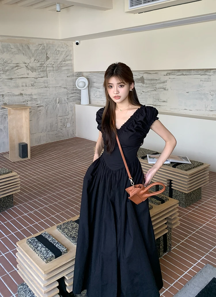 Casual Solid Midi Dresses for Women Korean Chic V-neck Backless High Waist Puff Sleeve A-line Party Dress Summer Vestidos Mujer
