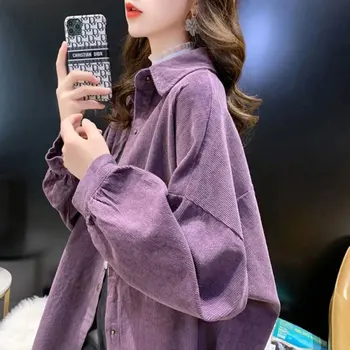 초가을 코듀로이 셔츠 겉옷 여성 봄과 가을 2023 새로운 느슨한 플러스 사이즈 셔츠 카디건 중간 길이 탑