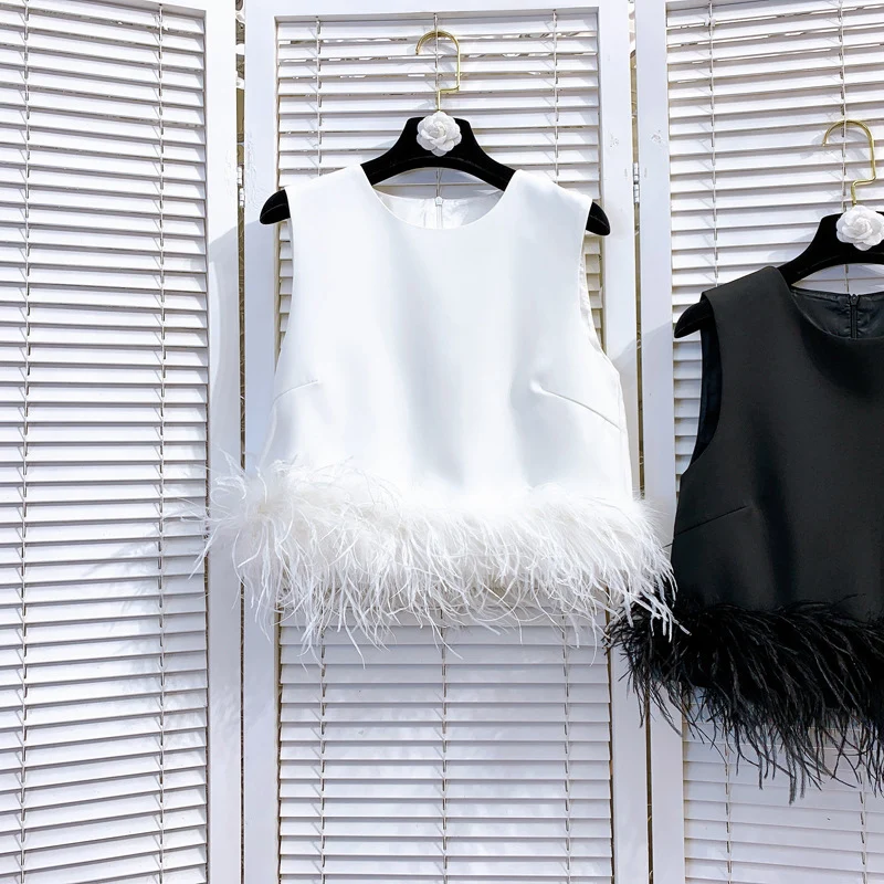 Camisole Undershirt Female Autumn Inner Hem Splicing Feather Slim Sleeveless Solid Color Short Outer Wear Tops