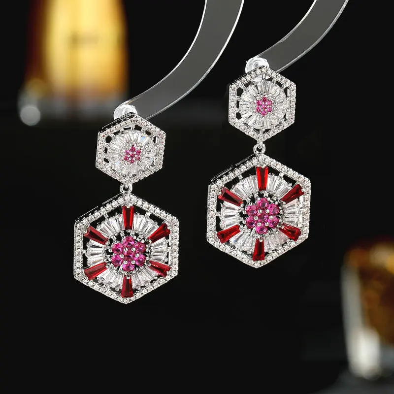 Cubic Zirconia France Fashion Statement Geometric Hexagon Dangle Earrings For Women Elegant Temperament Wedding Luxury Jewelry