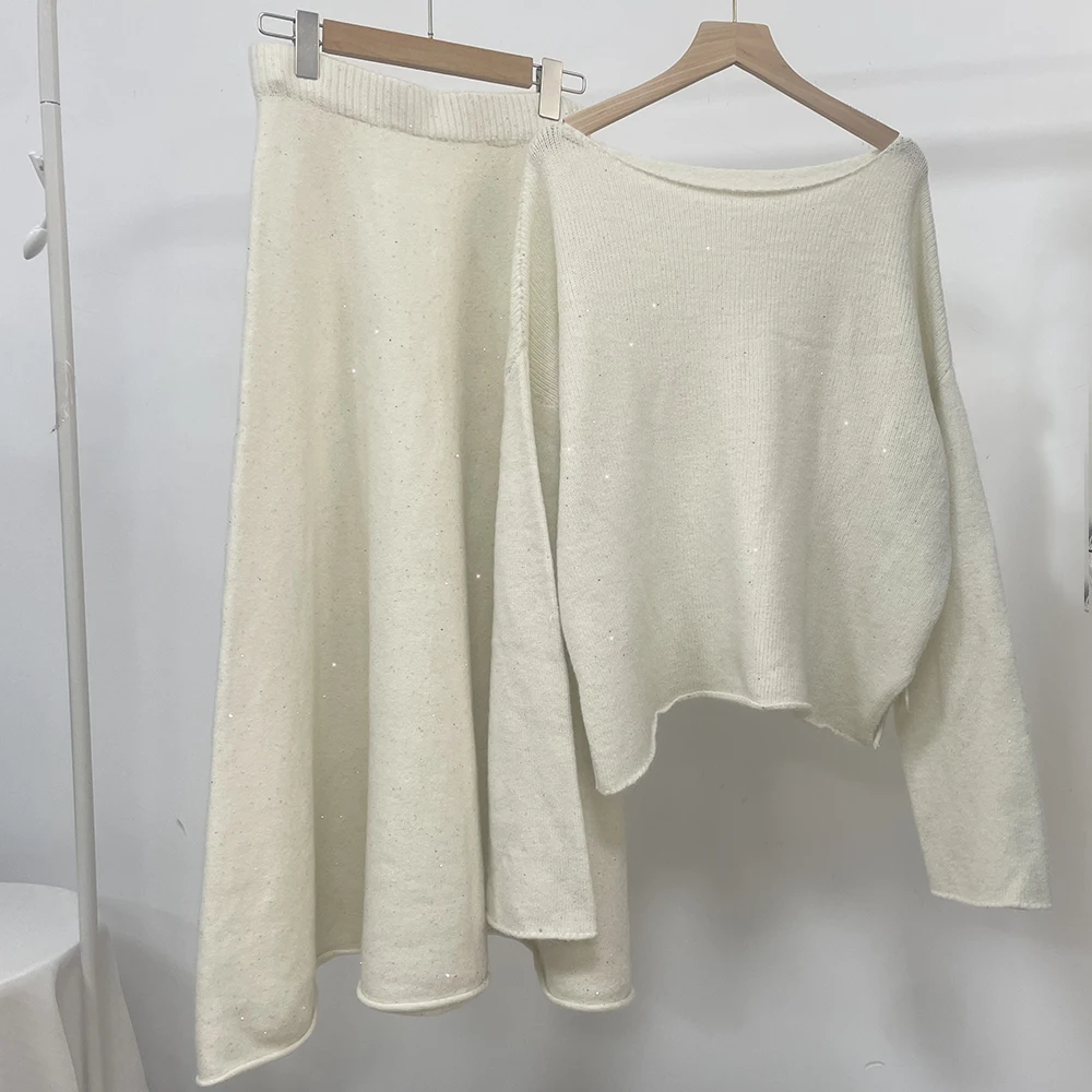Sexy Soft Elegant Vintage Women Suits 2 Pieces Female Sets Slash Neck Sweater & Midi Dress Bling Knitted TrackSuit