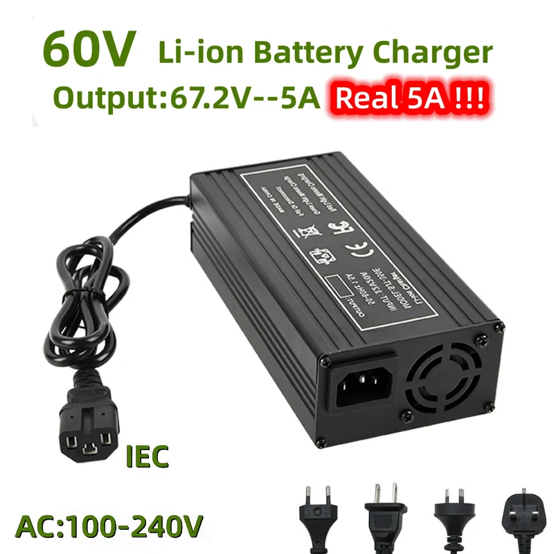 

60V Fast Charger 67.2V 5A Charger For 16S 60V Electric Bike Lithium Battery Charger IEC/PC Connector Strong Heat Dissipation