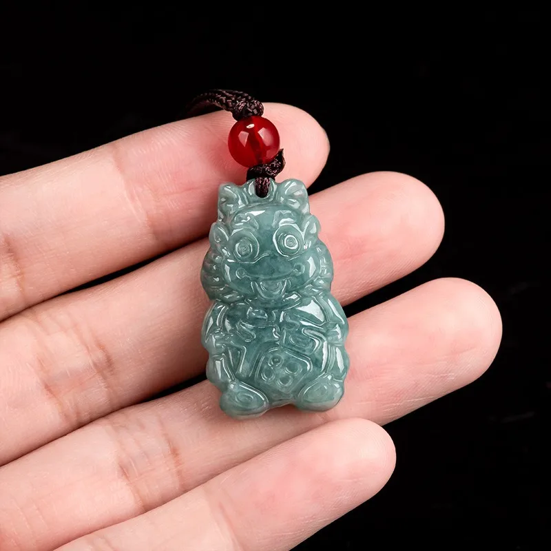 Natural Blue Burmese Emerald Cartoon Dragon Jade Pendant Necklace Hand-carved Fashion Jewelry Accessories Amulet Gifts for Women