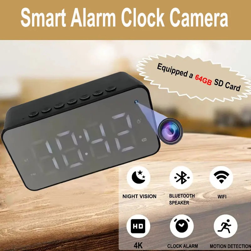 Vækkeur-kamera med Bluetooth-højttaler på et skrivebord